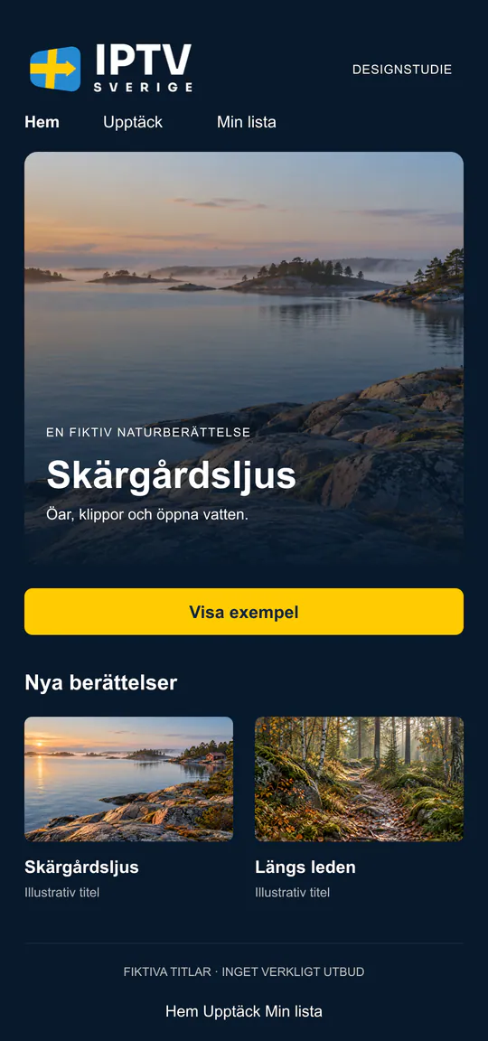 Exempel på ett mobilgränssnitt med en utvald titel och fiktiva berättelser.
