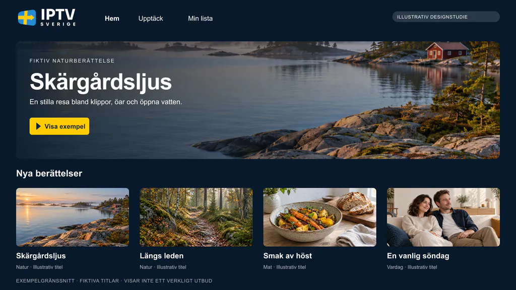 Exempel på ett tv-gränssnitt med en utvald titel och en rad med fiktiva berättelser.