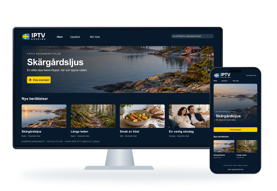 Illustrativ designstudie av ett gränssnitt på en generisk skärm och mobil, med fiktiva titlar.