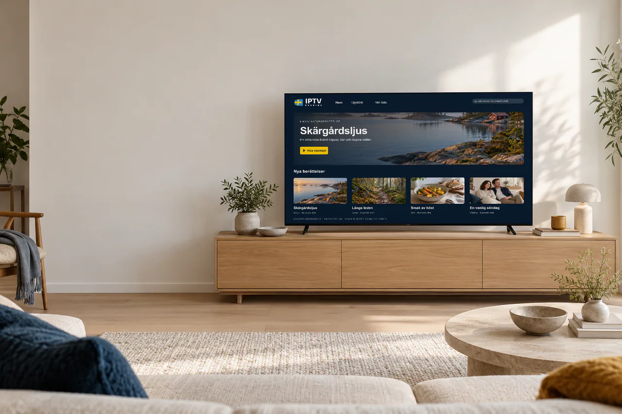 Ljust vardagsrum med en tv som visar ett illustrativt gränssnitt för IPTV Sverige.